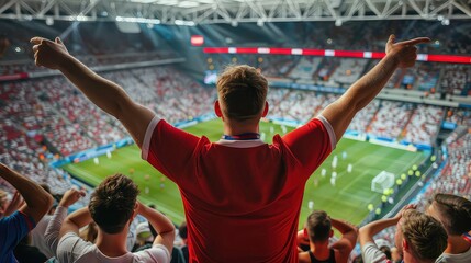 English football soccer fans in a stadium supporting the national team, view from behind, Three Lions. Generated AI