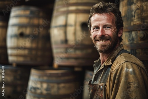 A close-up portrait of a smiling cooper in his workshop, surrounded by rows of handcrafted wooden barrels