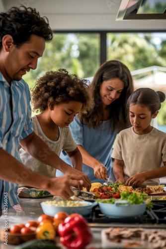 Family cooks meal together in cozy kitchen. Father holds plate of food, mother assists, children help prepare. Table filled with salad, pasta, meat dishes. Kitchen with stove, sink, window.