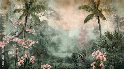 Fototapeta Naklejka Na Ścianę i Meble -  Vintage wallpaper of an exotic forest with toucans, blooming orchids and hidden streams in pastel tones. mural art style. 
