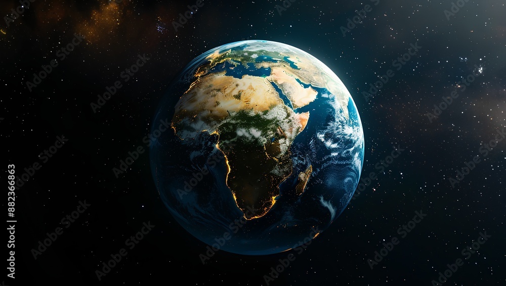 Fototapeta premium Realistic shot of Earth in space with African continent highlighted, symbolizing global unity and the hope for peace between other ethnic groups on earth
