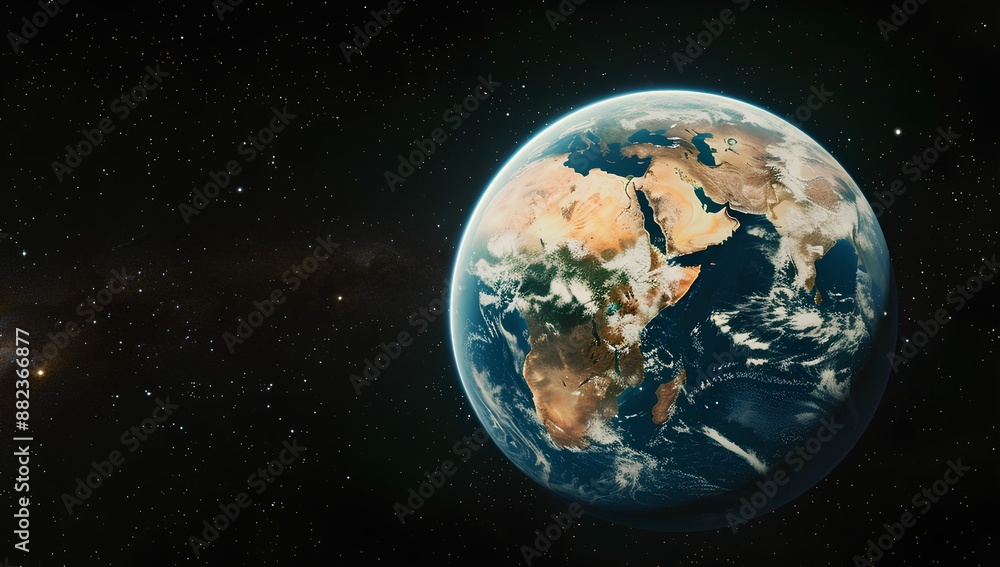 Fototapeta premium A cinematic shot of Earth in space, showing its round shape and the various continents against a dark background. The shot is in the style of showing the planet from outer space
