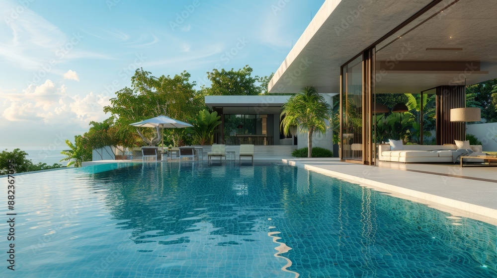 Fototapeta premium real estate luxury exterior design pool villa with interior design living room home, house ,sun bed 