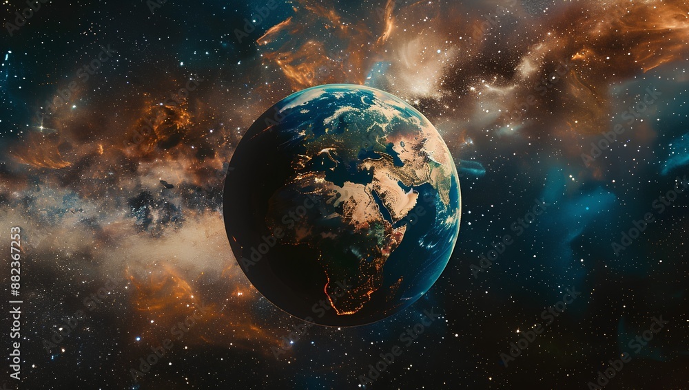 A cinematic shot of the Earth floating in space, surrounded by stars and galaxies. The planet is depicted with its various continents and oceans visible against an infinite cosmic backdrop A cinematic shot of the Earth floating in space, surrounded by stars and galaxies. The planet is depicted with its various continents and oceans visible against an infinite cosmic backdrop