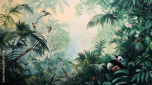 Vintage wallpaper of dense jungle in pastel colors, illustrating songbirds and pandas in the background, oil painting. 