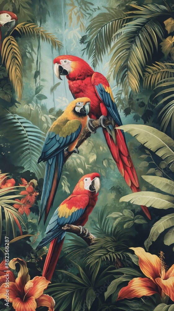 Φωτογραφία Vintage wallpaper of dense jungle with bears and macaws, pastel color, oil painting style