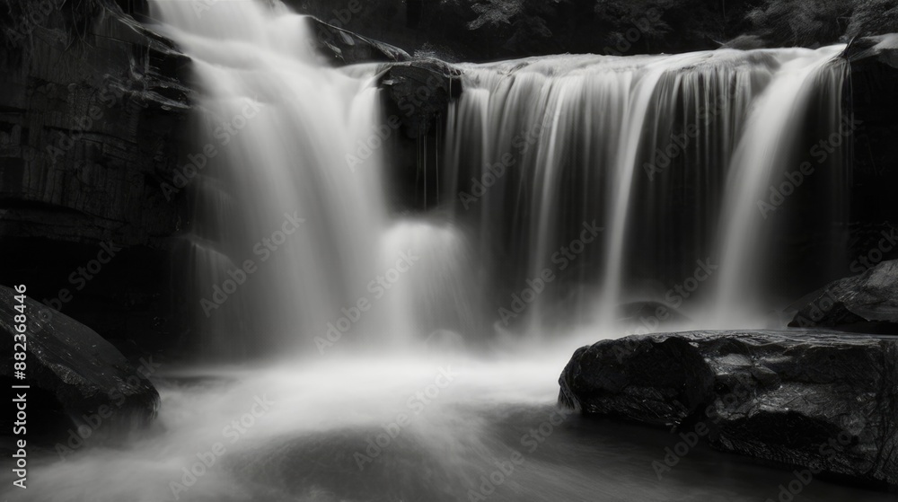waterfall among rocks black and white waterfall among rocks black and white
