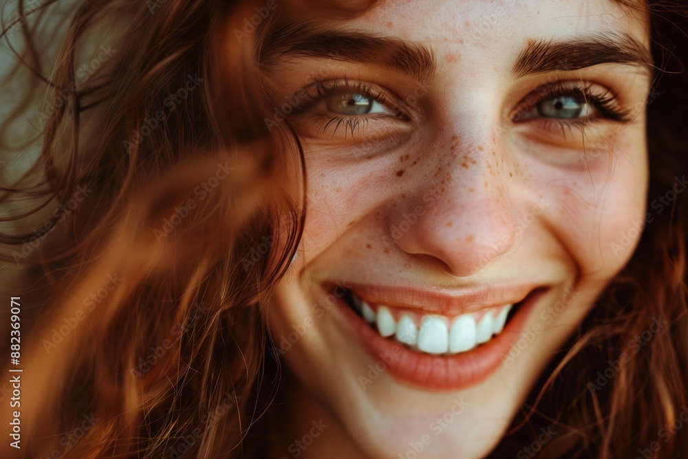 Close up portrait smiling of a beautiful red-haired girl with freckles Close up portrait smiling of a beautiful red-haired girl with freckles