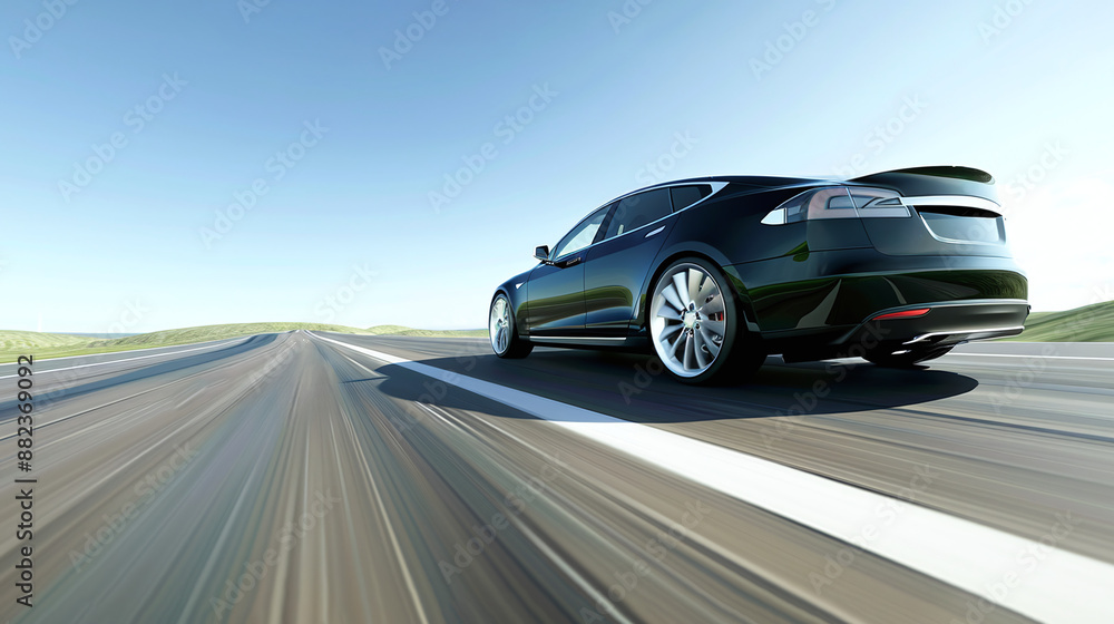 a sleek black electric car driving on an open road a sleek black electric car driving on an open road