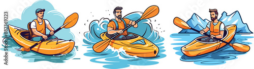 A set of kayaking boat logo cartoon style vector illustrations.
