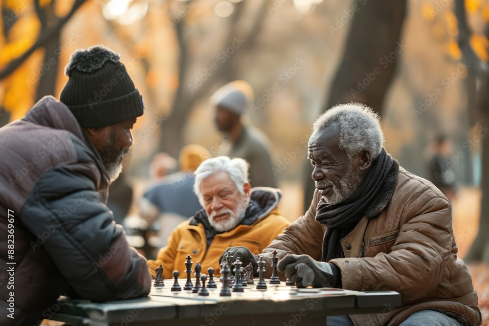 Three men play chess on a black table in a park surrounded by trees and people. Elderly individuals engage in strategic game outdoors. Multiethnic group enjoys leisure activity together. Three men play chess on a black table in a park surrounded by trees and people. Elderly individuals engage in strategic game outdoors. Multiethnic group enjoys leisure activity together.