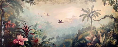 Vintage wallpaper of dense jungle with pastel colors, illustrating hummingbirds and gorillas in the background, oil painting. 