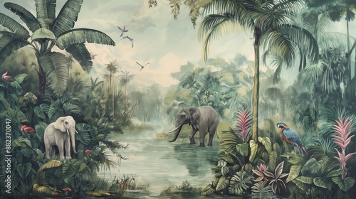 Vintage wallpaper of dense jungle with pastel colors, illustrating macaws and elephants in the background, oil painting.  photo