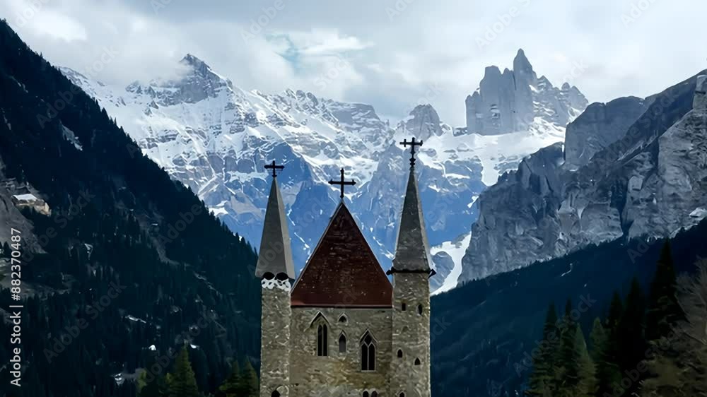Stone Church in the Swiss Alps With Snow-Capped Peaks Stone Church in the Swiss Alps With Snow-Capped Peaks