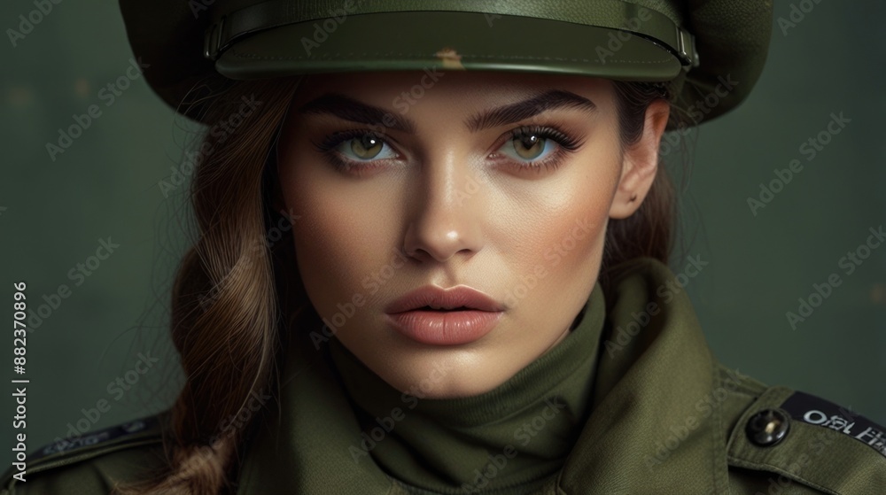 A woman wearing an Army costume A woman wearing an Army costume