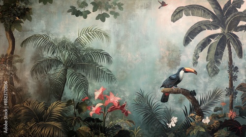 Fototapeta Naklejka Na Ścianę i Meble -  Vintage wallpaper of dense rainforest in pastel palette, highlighting toucans and pandas in the background, oil painting. 