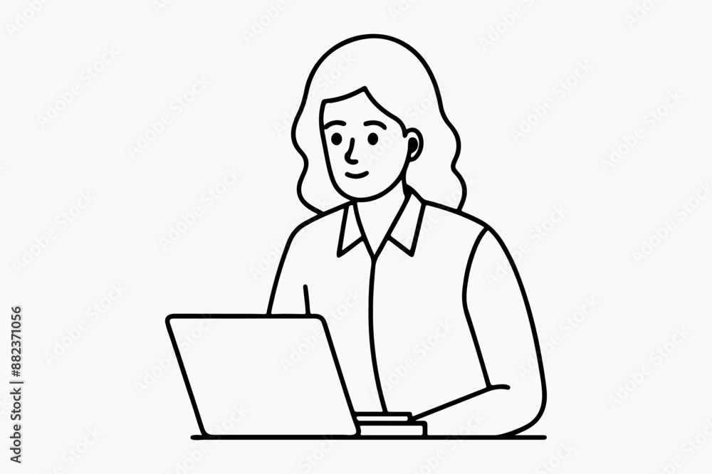 Office lady working on laptop line art