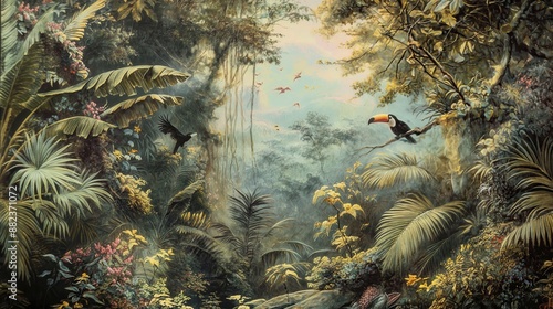 Vintage wallpaper of dense rainforest in pastel palette, highlighting toucans and pandas in the background, oil painting. 