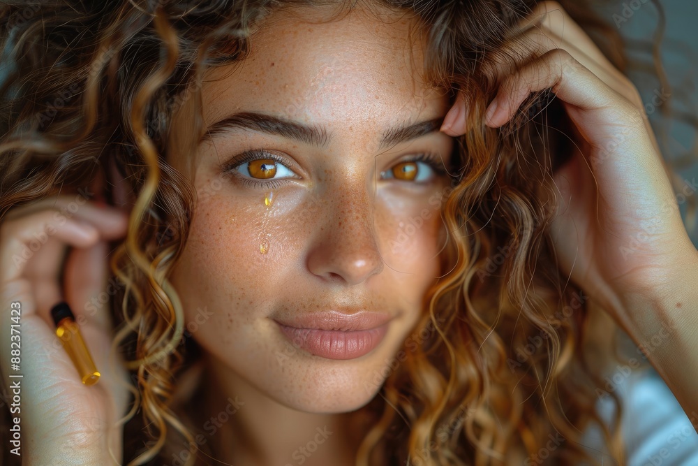 Focused young woman holds and examines hair care serum with a curious expression in her home Focused young woman holds and examines hair care serum with a curious expression in her home