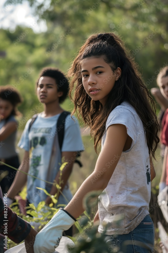 Young woman stands in green field with trees and bushes. Holds white bag, wears gray t-shirt and blue jeans. Mixed ethnic group of teenagers participate in community clean-up event. Young woman stands in green field with trees and bushes. Holds white bag, wears gray t-shirt and blue jeans. Mixed ethnic group of teenagers participate in community clean-up event.