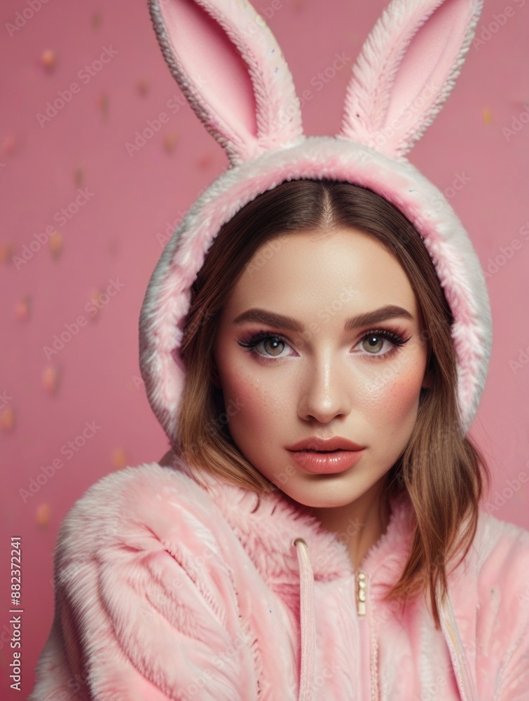 A woman wearing a bunny costume isolated on a pink background A woman wearing a bunny costume isolated on a pink background
