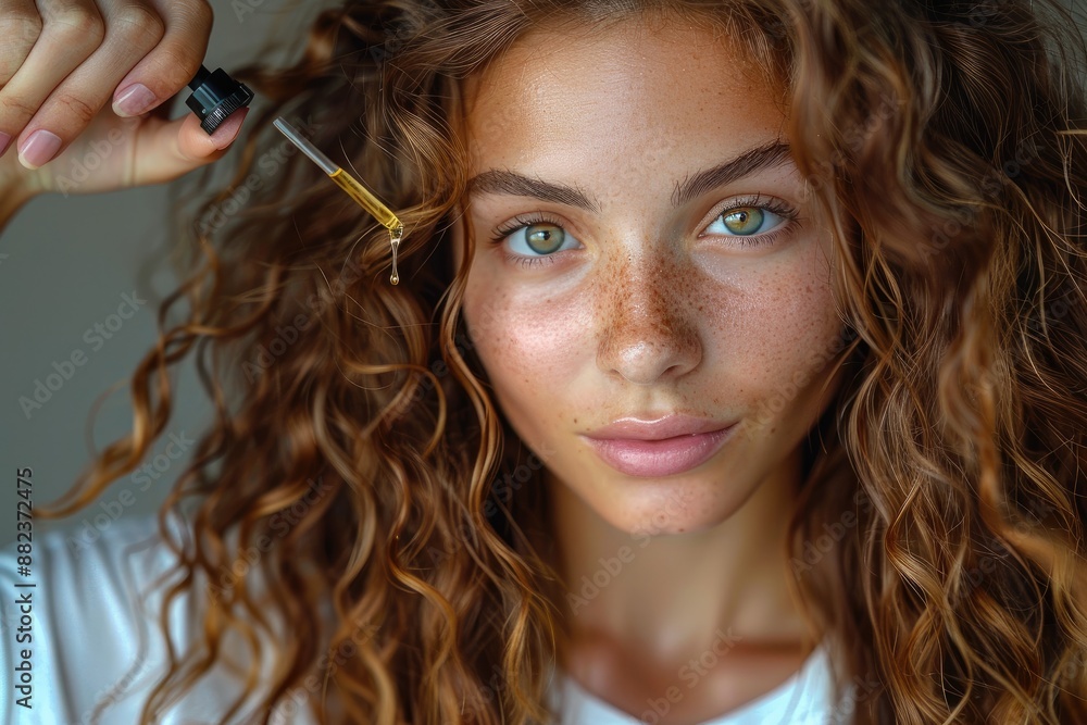 Focused young woman holds and examines hair care serum with a curious expression in her home Focused young woman holds and examines hair care serum with a curious expression in her home