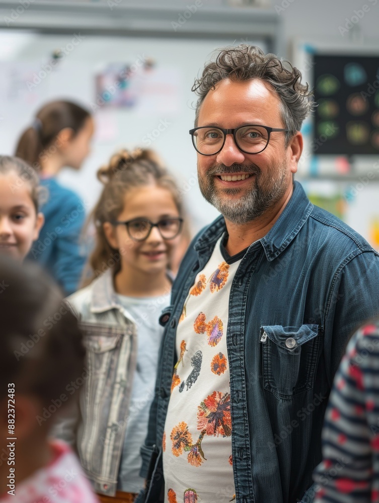 A smiling teacher stands in a classroom with his students. AI. A smiling teacher stands in a classroom with his students. AI.