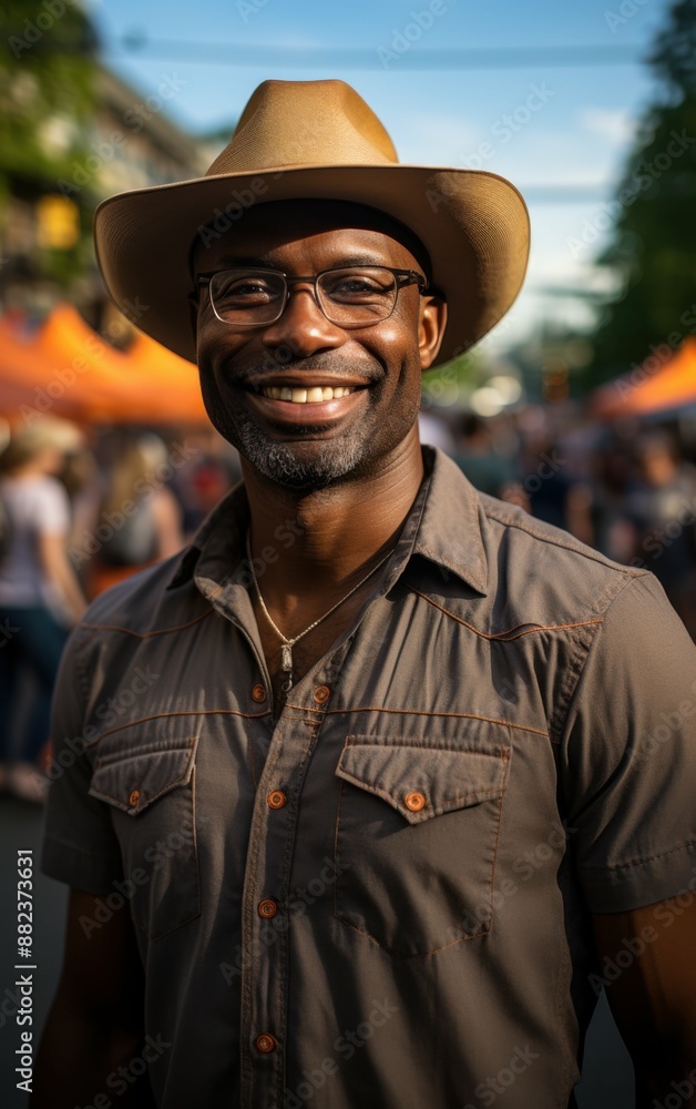 A man wearing a cowboy hat and glasses is smiling and posing for a picture. He is surrounded by a crowd of people, some of whom are also smiling. Scene is cheerful and friendly A man wearing a cowboy hat and glasses is smiling and posing for a picture. He is surrounded by a crowd of people, some of whom are also smiling. Scene is cheerful and friendly