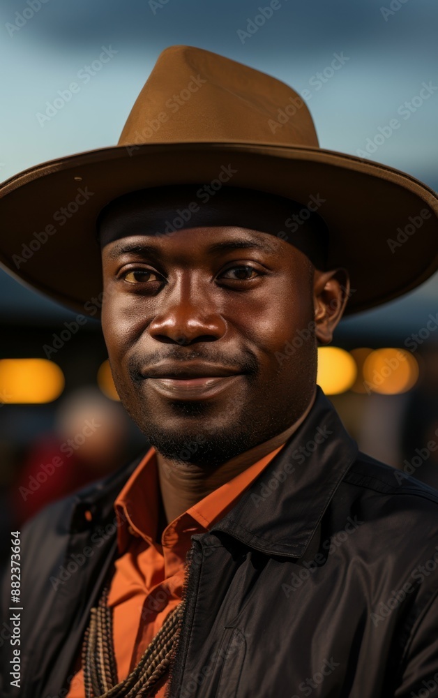 A man wearing a brown hat and a black jacket is smiling. He is wearing a tie and a brown shirt A man wearing a brown hat and a black jacket is smiling. He is wearing a tie and a brown shirt