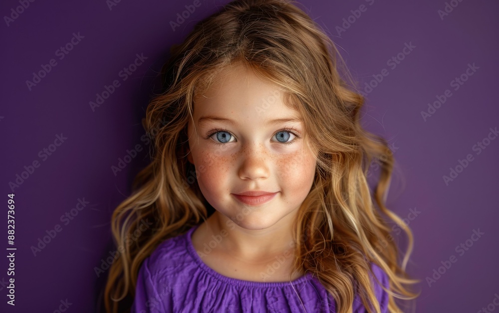 A young girl with long blonde hair and blue eyes is wearing a purple shirt. She is smiling and looking at the camera A young girl with long blonde hair and blue eyes is wearing a purple shirt. She is smiling and looking at the camera