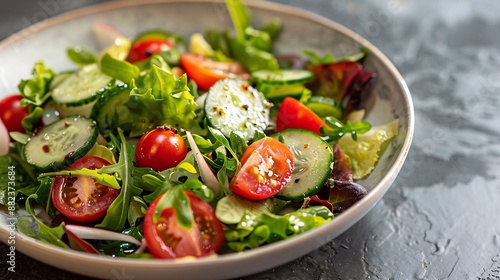 Fresh mixed green salad with cherry tomatoes, cucumbers, and leafy greens in a ceramic bowl healthy vegetarian meal close-up, high-quality photo