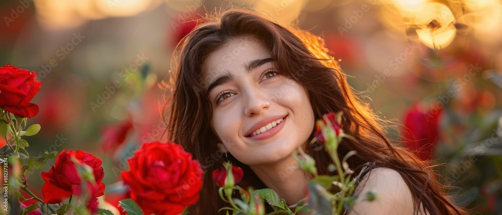Fototapeta premium A beautiful young woman is standing in a field of red roses. AI.