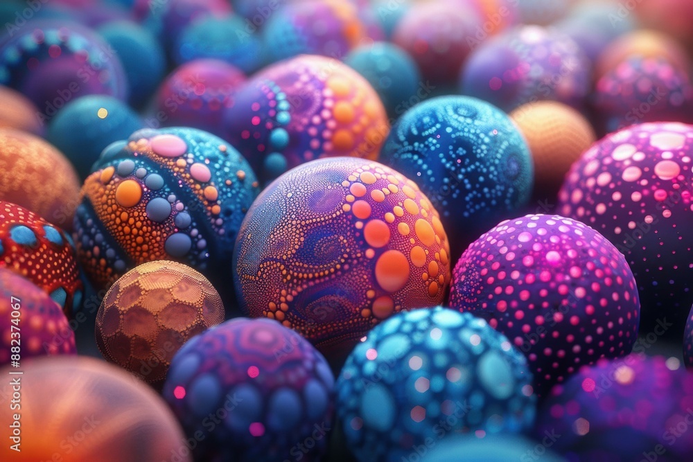 Close-up of a variety of colorful polka-dotted spheres. AI. Close-up of a variety of colorful polka-dotted spheres. AI.