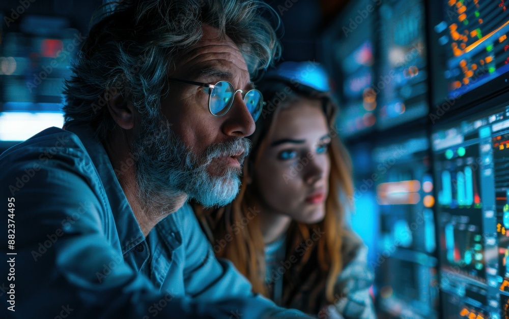 A man and a woman are looking at a computer screen with many numbers and graphs. The man is wearing glasses and the woman has brown hair. Scene is serious and focused A man and a woman are looking at a computer screen with many numbers and graphs. The man is wearing glasses and the woman has brown hair. Scene is serious and focused