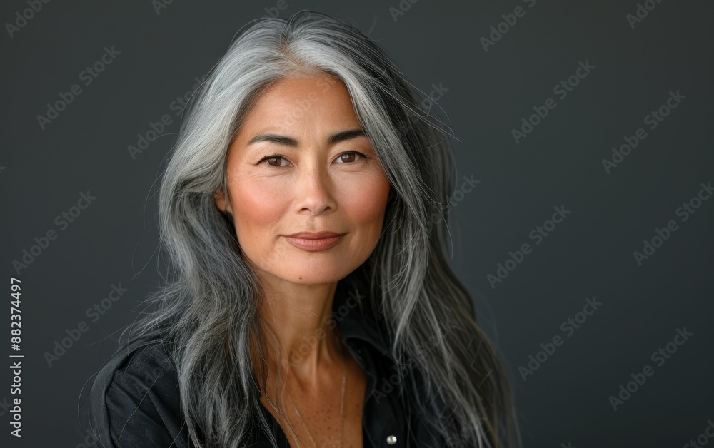 A woman with long gray hair is smiling for the camera. She is wearing a black shirt and a necklace A woman with long gray hair is smiling for the camera. She is wearing a black shirt and a necklace