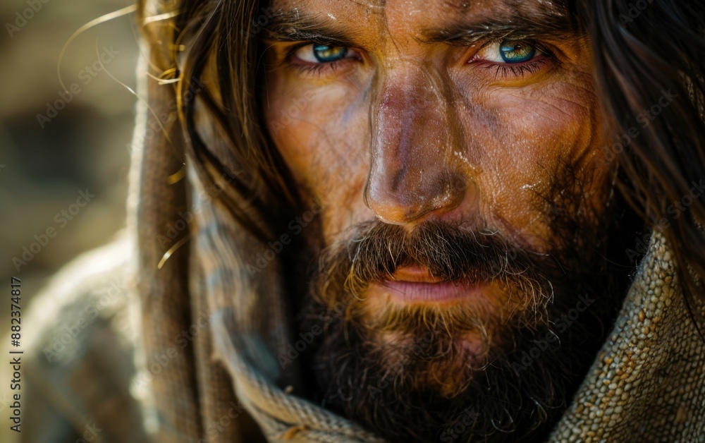 A man with a beard and blue eyes is wearing a hooded jacket. He has a serious expression on his face A man with a beard and blue eyes is wearing a hooded jacket. He has a serious expression on his face