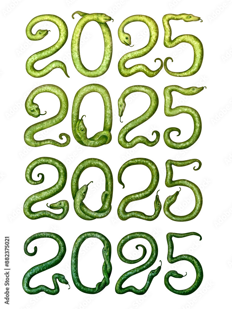 Set of the number 2025 in the form of green snakes as a symbol of the Happy Eastern New Year Wooden Green Snake. Watercolor illustration for templates of congratulations, post cards, invitations Set of the number 2025 in the form of green snakes as a symbol of the Happy Eastern New Year Wooden Green Snake. Watercolor illustration for templates of congratulations, post cards, invitations