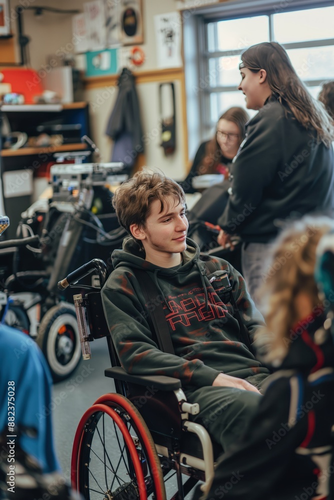 Obraz premium Young man in wheelchair participates in robotics workshop. Teen with disability learns coding skills. Inclusive education concept. Adaptive technology use. Assistive devices integration.