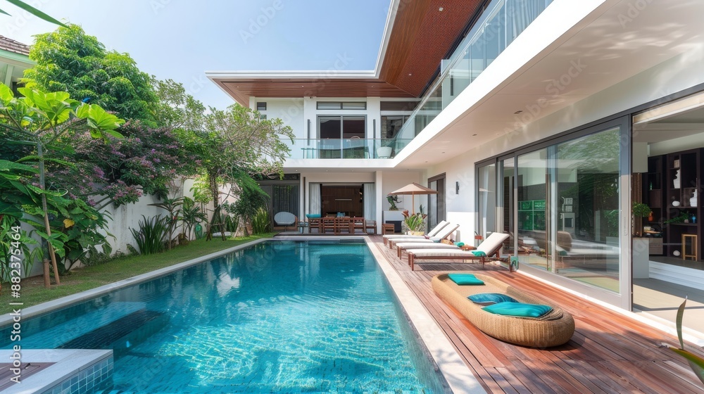 Fototapeta premium real Exterior design of spacious modern luxury pool villa. Feature wooden decking, sun bed, big swimming pool and greenery garden , home , house