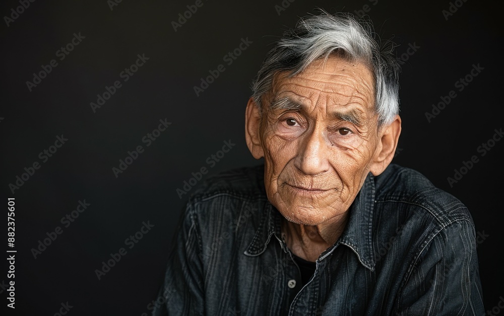 A man with a beard and gray hair is wearing a blue shirt and sitting in front of a black background A man with a beard and gray hair is wearing a blue shirt and sitting in front of a black background