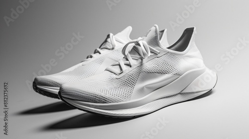 A pair of sleek, monochromatic running shoes on a plain background