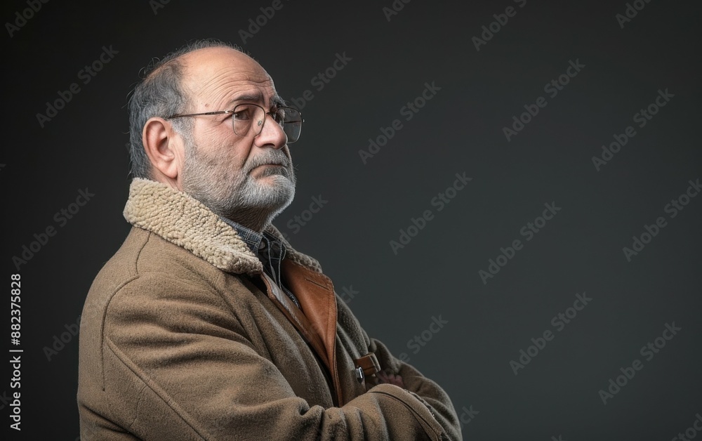 Fototapeta premium A man with a beard and glasses is standing with his arms crossed. He is wearing a brown coat and a scarf
