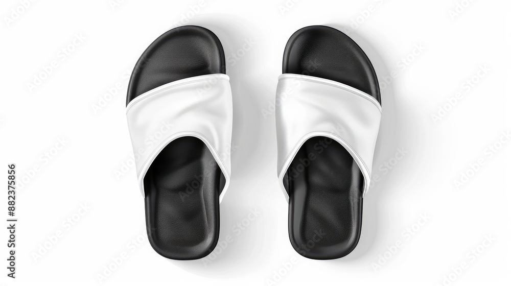 Vector illustration set of realistic home hotel slippers Top view of black and white domestic comfortable footwear isolated Represents bath soft shoes with classic design emphasizing Vector illustration set of realistic home hotel slippers Top view of black and white domestic comfortable footwear isolated Represents bath soft shoes with classic design emphasizing