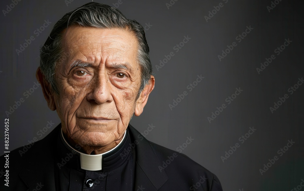 A man in a black suit and a white collar is standing in front of a gray background. He has a stern expression on his face