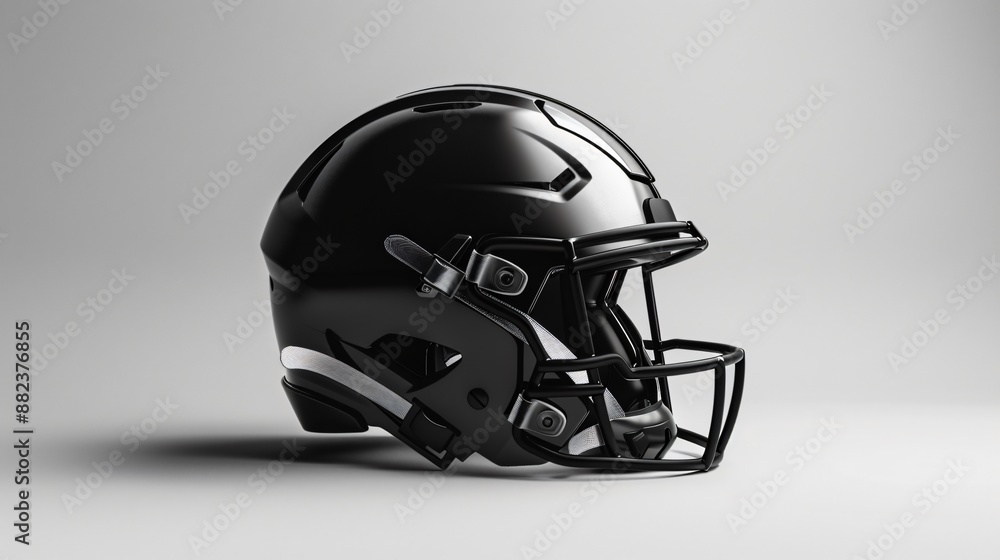 A sleek, monochrome football helmet displayed against a plain backdrop A sleek, monochrome football helmet displayed against a plain backdrop