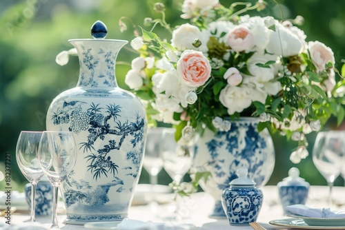 Wallpaper Mural Outdoor table setting in garden surrounded by plants. White tablecloth with blue and white floral patterned vases, glasses, and decorations. Perfect for festive banquet or special occasion. Torontodigital.ca