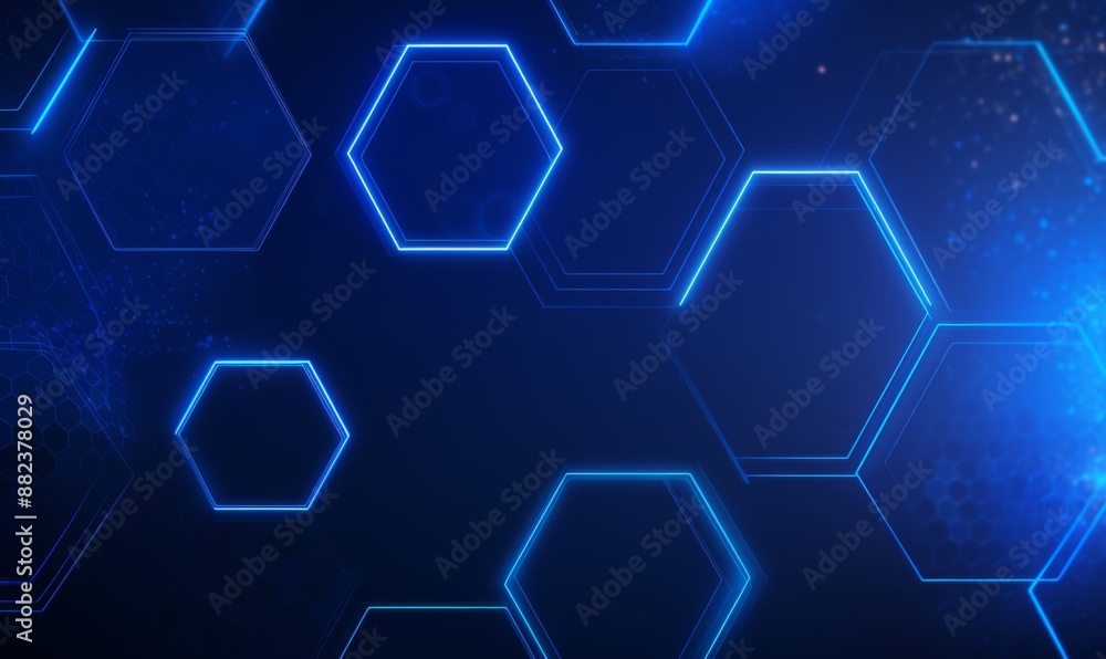 Blue background with a hexagon outline vector illustration. Digital technology and science concept, blue color, flat design, simple geometric shapes, abstract style, without any text or letters Blue background with a hexagon outline vector illustration. Digital technology and science concept, blue color, flat design, simple geometric shapes, abstract style, without any text or letters