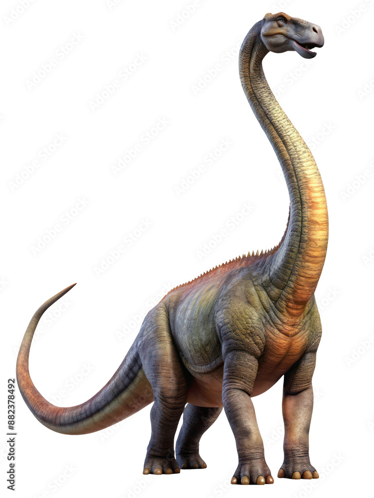 Obraz premium The Dinosaur Diplodocus Looks into the Frame Depicted in Full Height on a Transparent Background