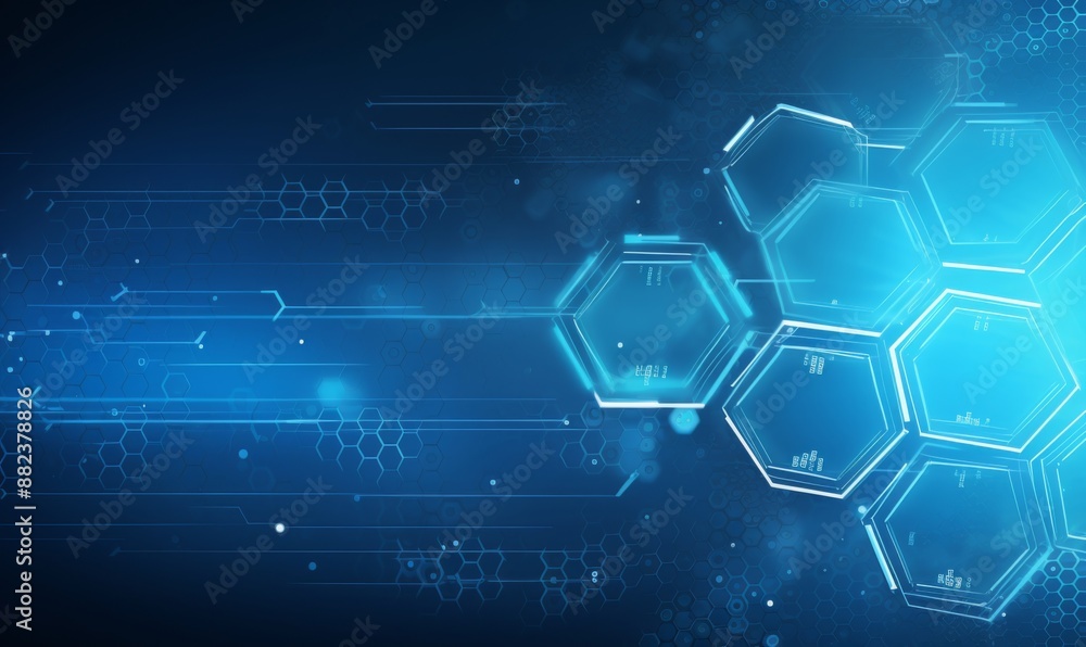 Blue background with a hexagon outline vector illustration. Digital technology and science concept, blue color, flat design, simple geometric shapes, abstract style, without any text or letters Blue background with a hexagon outline vector illustration. Digital technology and science concept, blue color, flat design, simple geometric shapes, abstract style, without any text or letters