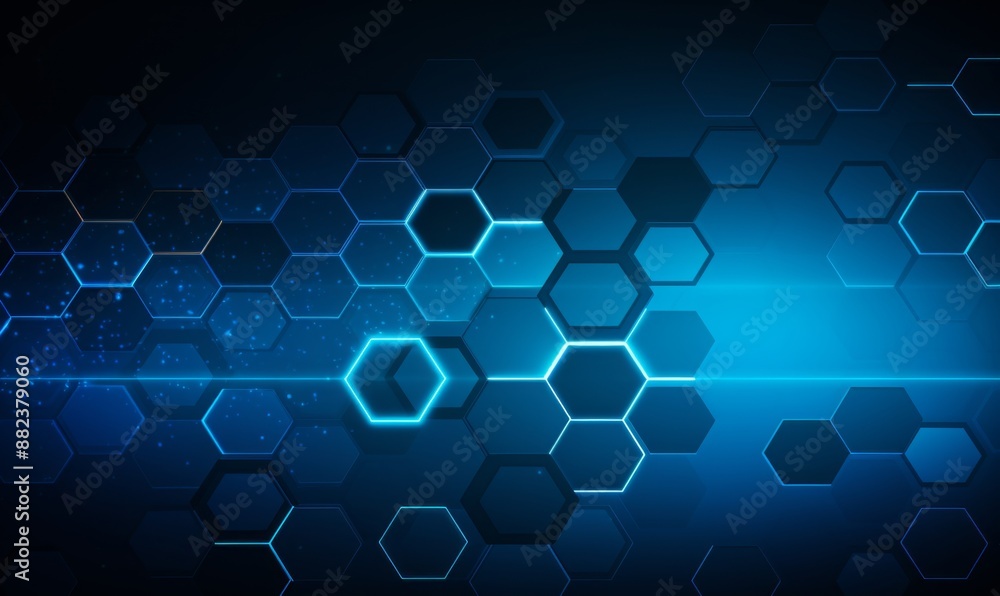 Blue background with a hexagon outline vector illustration. Digital technology and science concept, blue color, flat design, simple geometric shapes, abstract style, without any text or letters Blue background with a hexagon outline vector illustration. Digital technology and science concept, blue color, flat design, simple geometric shapes, abstract style, without any text or letters